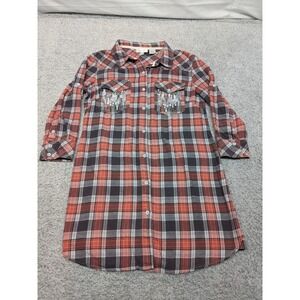 Miss Me Button‎ Up Shirt Pink Coral Plaid Flannel Rhinestone Womens Medium